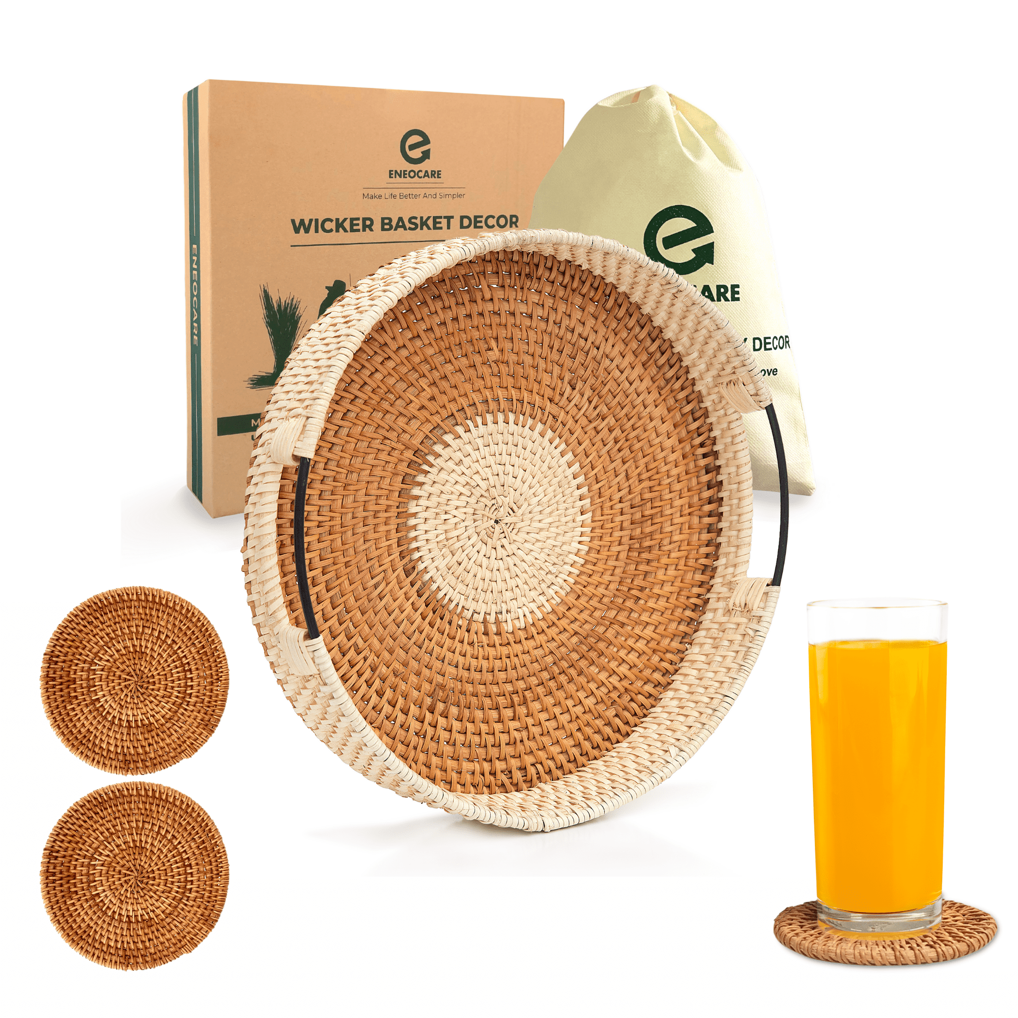 Eneocare Decorative Round Rattan Tray and 2 Rattan Coasters Wicker Tray with Stainless Steel
