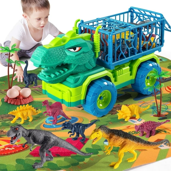 Dinosaur Truck Toys for Kids 3-5 Years, Tyrannosaurus Transport Car Carrier Truck with 8 Dino Figures, Activity Play Mat, Dinosaur Eggs, Trees, Capture Jurassic Play Set for Boys and Girls