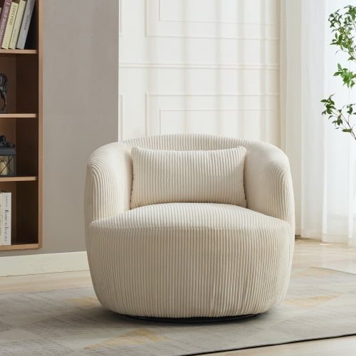 BSHTI 34.25" Wide Upholstered Corduroy 360°Swivel Barrel Soft Accent Chair with Pillow,Circular Reading Armchair for Living Room,Bedroom,Office,Lounge,Ivory
