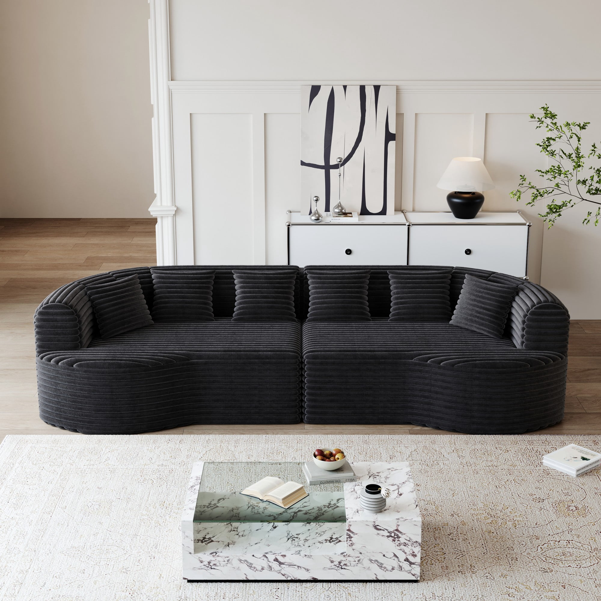 106" Oversized Sectional Sofa,Modern Corduroy Memory Foam Sofa Cloud Sofa with Deep Seat for Living Room,Black