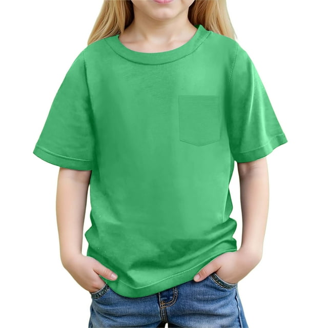 NINGMENG Hauts et T-Shirts pour Filles, Été, Couleur Unie, Col Rond, Manches Courtes, Décontracté, Plage, Mode Urbaine, Vert, 8-9 Ans