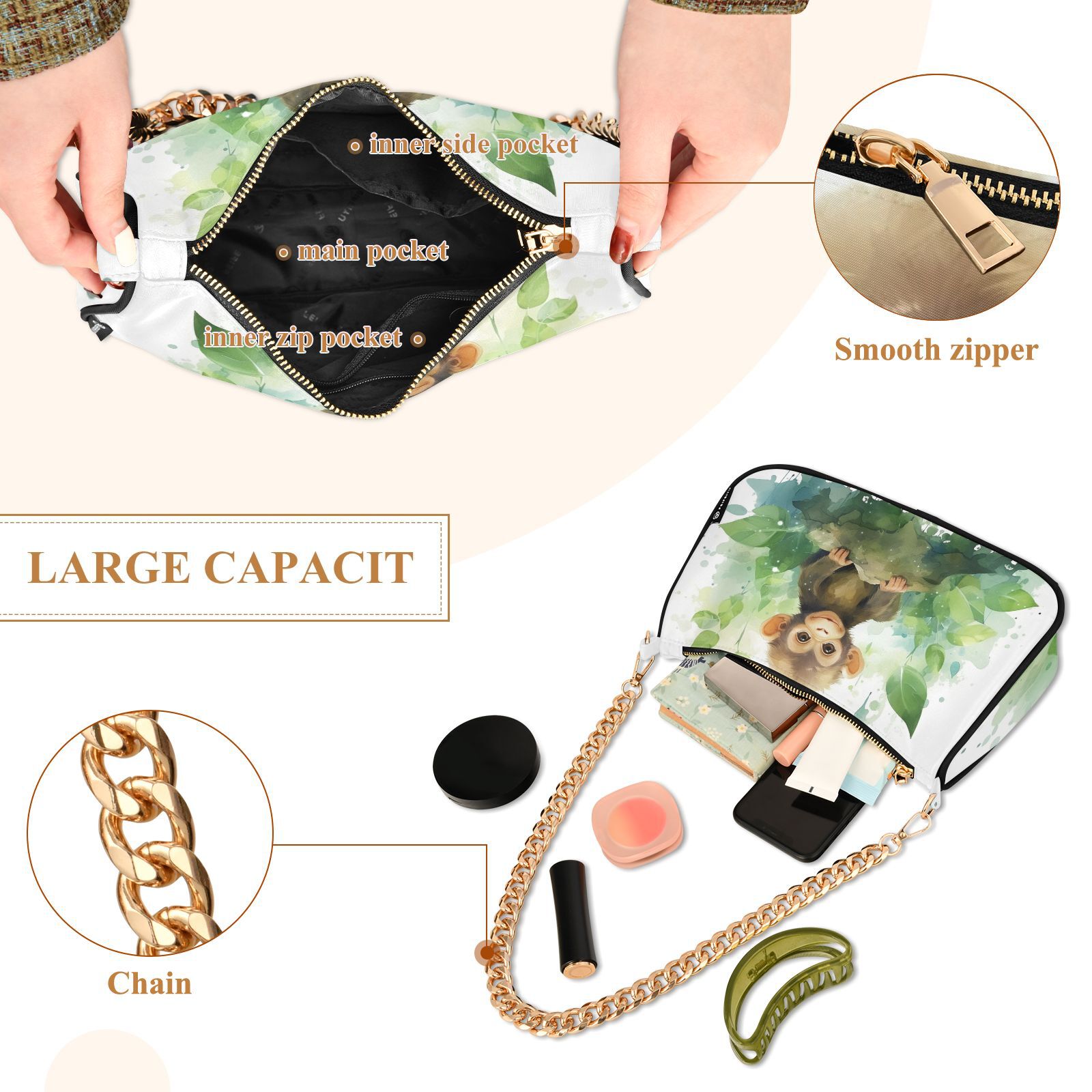 Monkey LeavesWomen Small Shoulder Bag Crossbody Tote Hobo Bags Purse Clutch Handbags with Chain Strap for Women