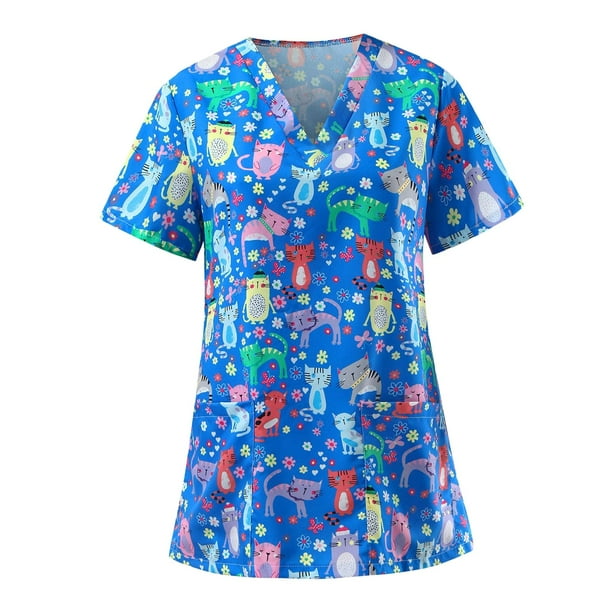 Camiseta ligera con cuello en V para masajes y cuidado de mascotas para mujer. Gato azul