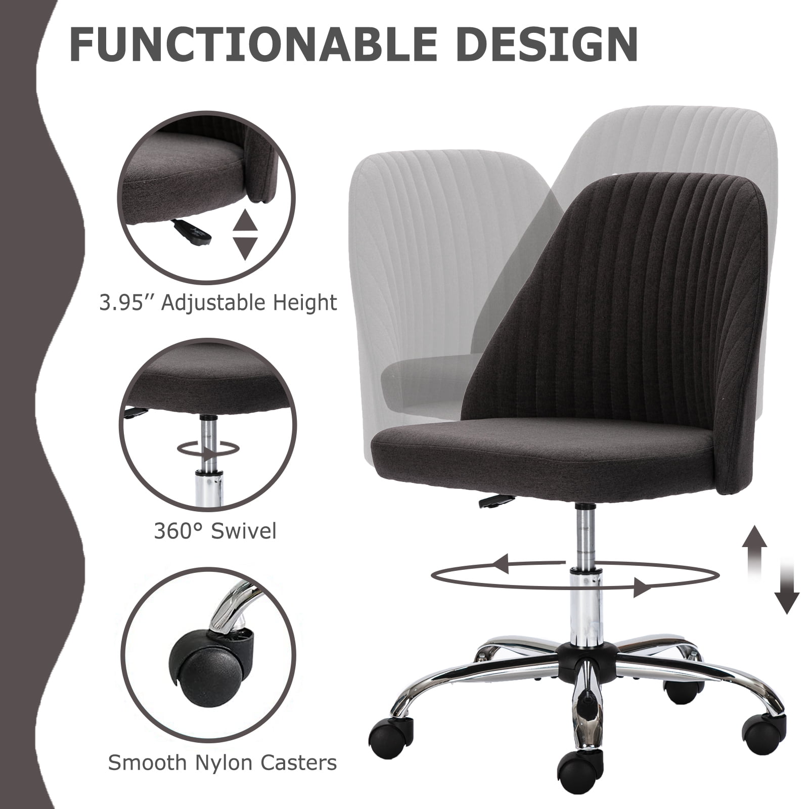 edx Vanity Chair, Armless Desk Chair with Wheels, Adjustable Swivel Fabric Makeup Chair, Comfortable Home Office Task Computer Chair, Dark Gray