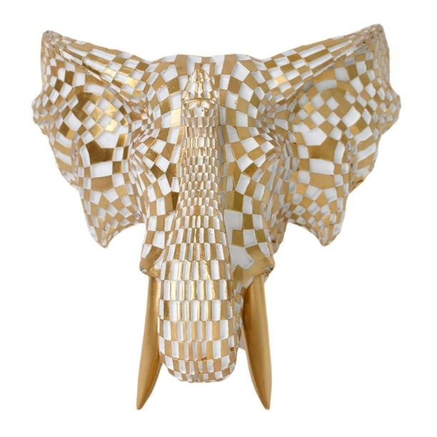 Decoración de cabeza de elefante, artesanía de resina, obra de arte, decoración del hogar, decoración de pared de cabeza de elefante Oro blanco