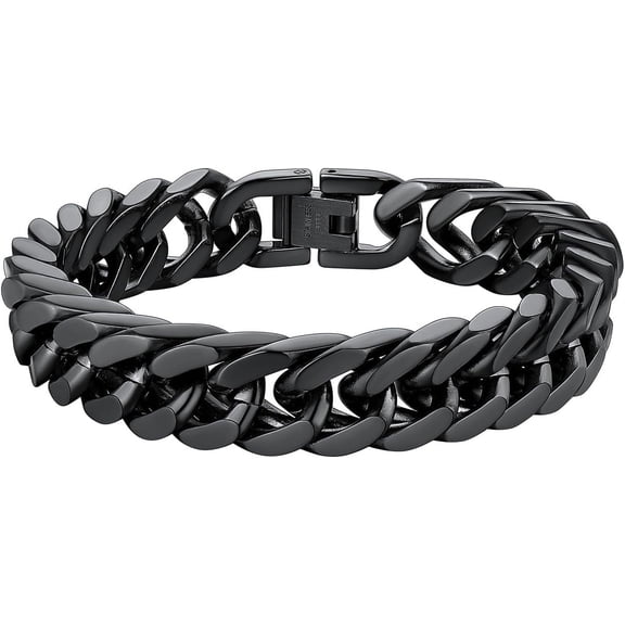 ChainsHouse Men's Bracelets Stainless Steel Cuban Link Bracelet for Women, 8mm/12mm/17mm Width 7.5"/8.3"/9" Black Chain Wrist Birthday Holiday Jewelry Gift