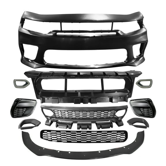 Ikon Motorsports Front Bumper Conversion W/ Matte Black Lip Compatible With 2015-2023 Dodge Charger Widebody Style Front Bumper Cover & SRT Style Upper Lower Grille W/ Light & Foglight Covers