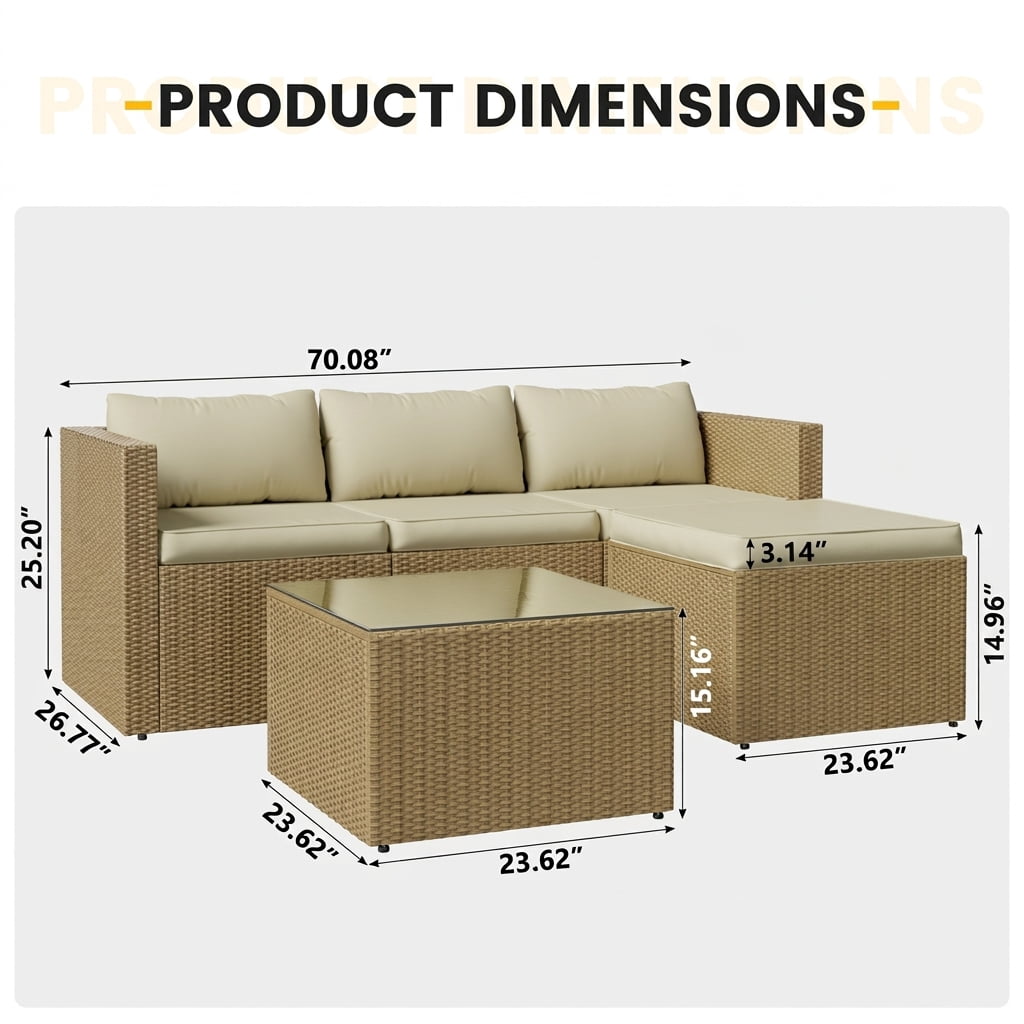 UDPATIO 5-Piece Patio Furniture Set,Outdoor Patio Furniture Set All-Weather Rattan Wicker Patio Conversation Set with Ottoman, Cushions & Glass Table for Garden & Backyard, Cream White