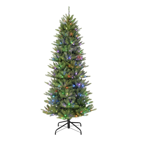 Pre-Lit 7.5' Slim Fraser Fir Artificial Christmas Tree with 300 Multi-Finction RGB Lights with Remote, Sure-Lit PoleÃÂ®, Green