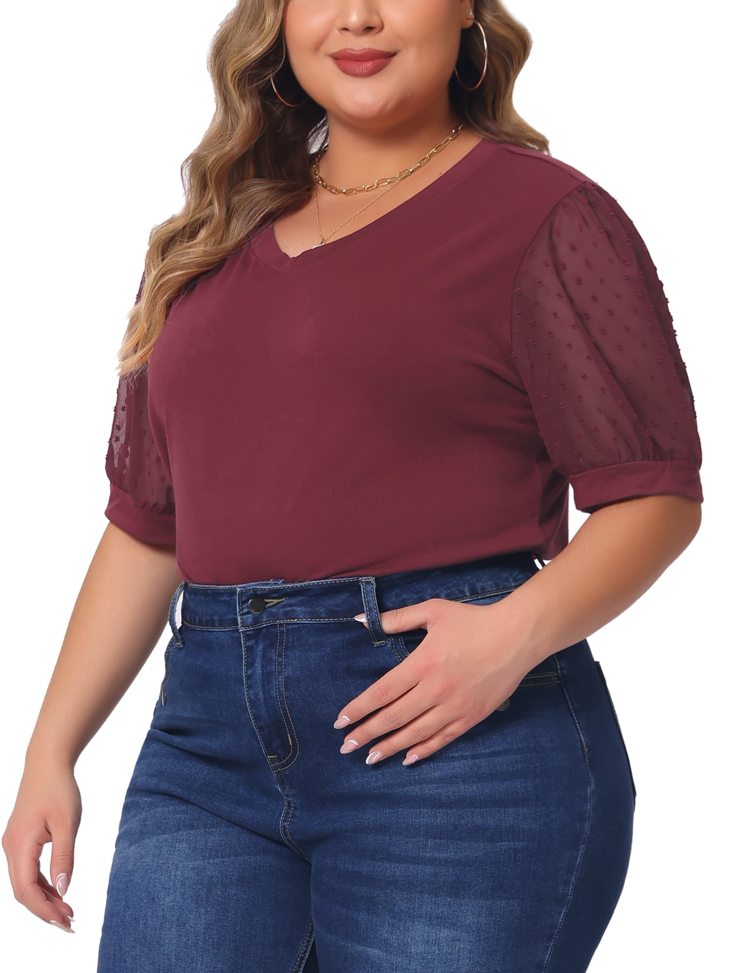 Women's Plus Tops V Neck Swiss Dots Puff Sleeve Casual Blouse Shirt 3X Red