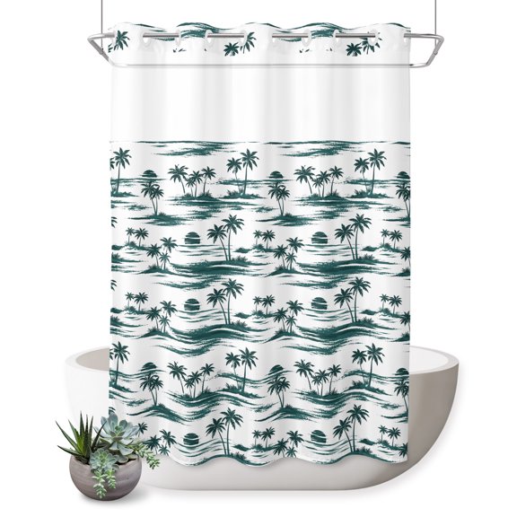 No Hook Shower Curtain, Beach Palm Tree Shower Curtains for Bathroom with See Through Top Window, Green Coastal Tropical Ocean Waves Waterproof & Washable Bath Curtain 60"x72"