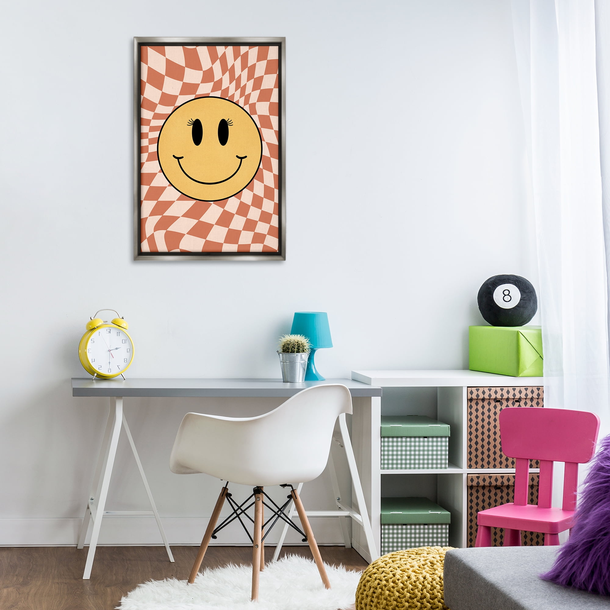 Stupell Industries Retro Checkered Smiley Novelty & Humor Painting Gray Floater Framed Canvas Art Print Wall Art, 21 x 31