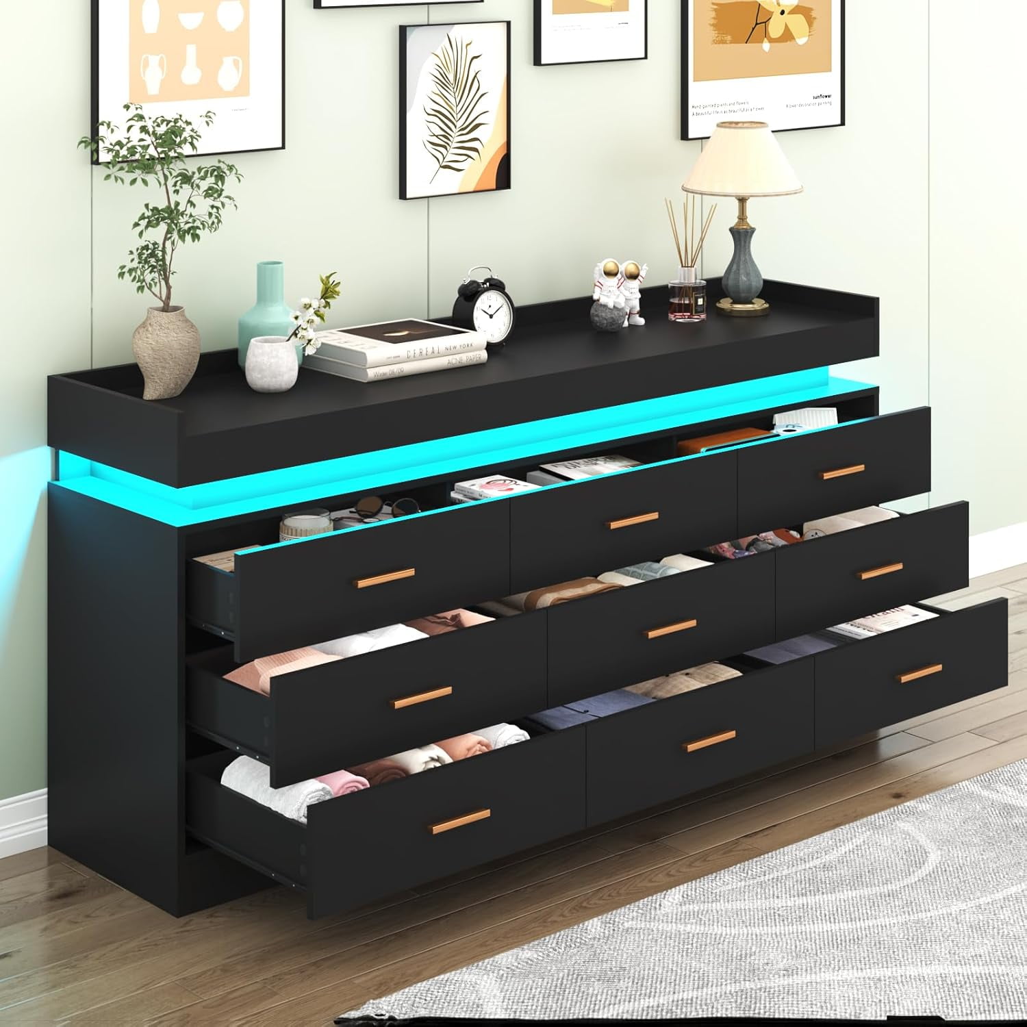 ChVans Black Dresser with LED Light and Charging Station, Modern Wood Dresser with Wide Drawers and Metal Handles, 9 drawer dresser for Bedroom, Living Room, Entryway, Hallway