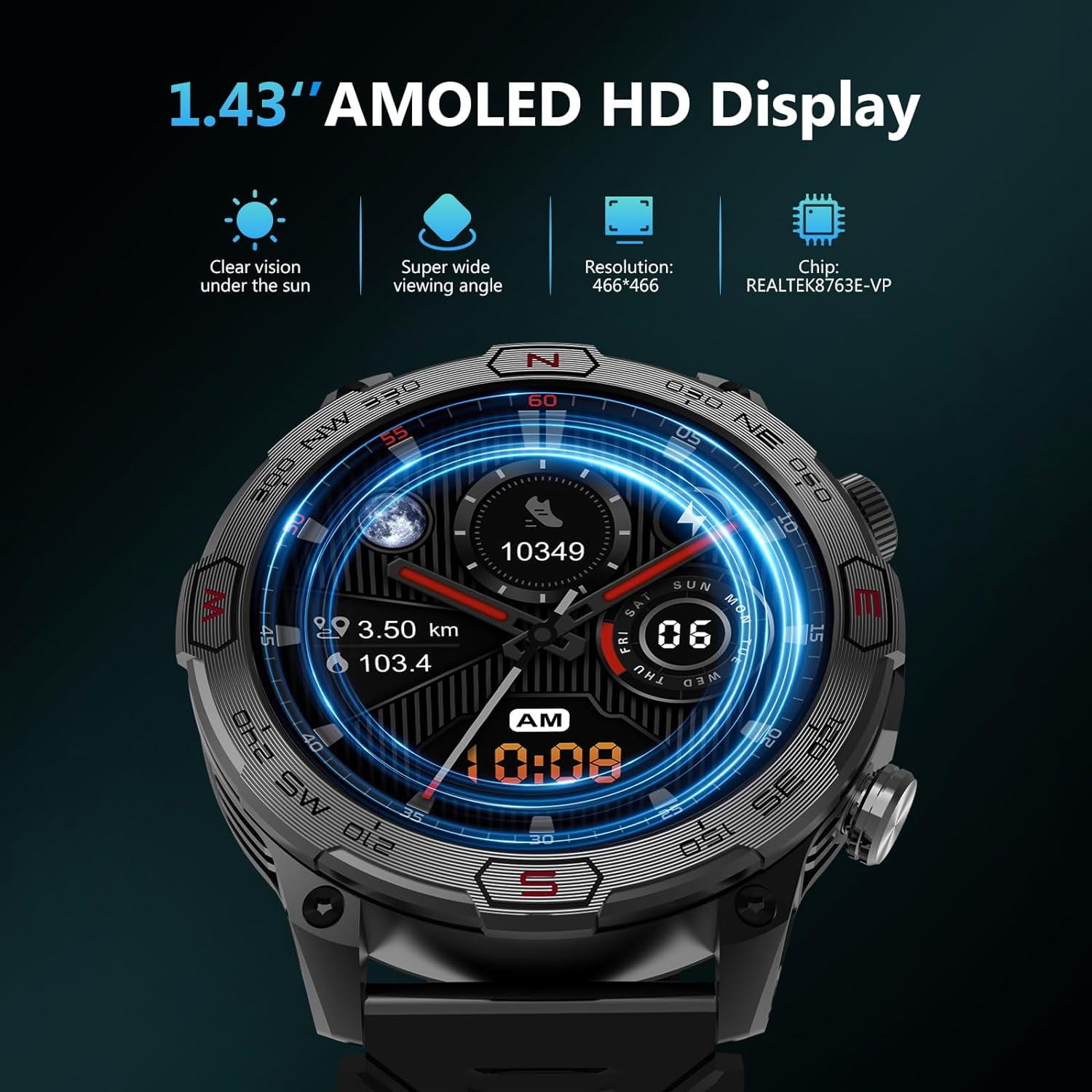 Smart Watch for Motorola Moto G Power 5G (2024) - with LED Flashlight, 1.43" AMOLED Display, Outdoor Smartwatch with Compass/Altitude/Air Pressure, Waterproof Fitness Tracker Watch
