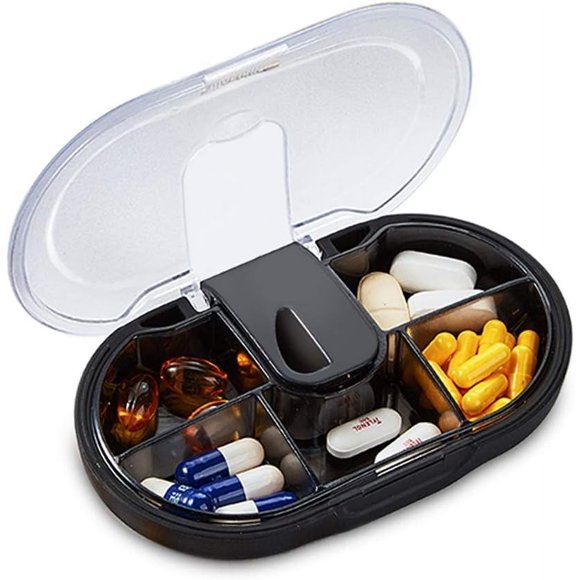Pill Cutter, Pill Splitter for Small or Large Pills, Tablet Splitter with Stainless Steel Blade Guard, Safety Medicine Slicer for Cutting Pills Vitamins Tablets, 5 Compartments Pill Box (Black)