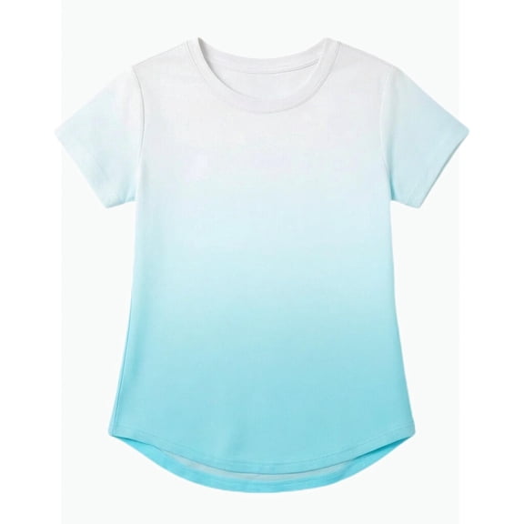 REDARER Kids White-to-Cyan Gradient Short Sleeve Athletic T Shirt Breathable Mesh Performance Top for Sports Play,6-7 Years