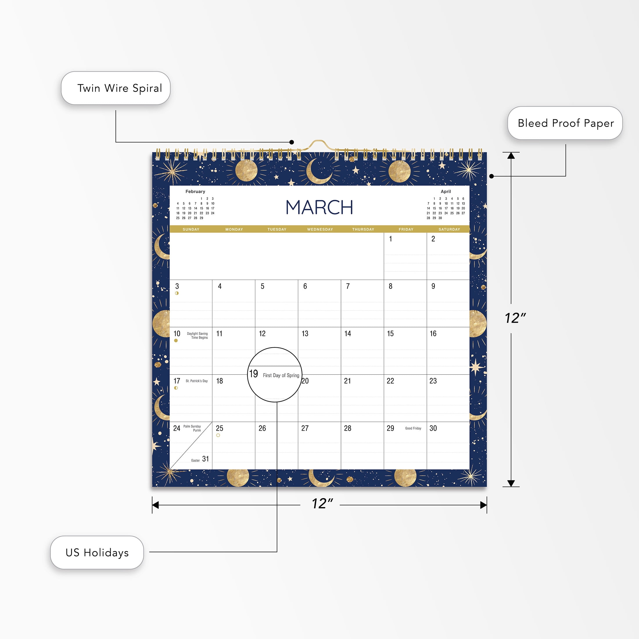 2024- 12 Month Calendar-Celestial Border-12x12 Spiral bound -by Pen + Gear
