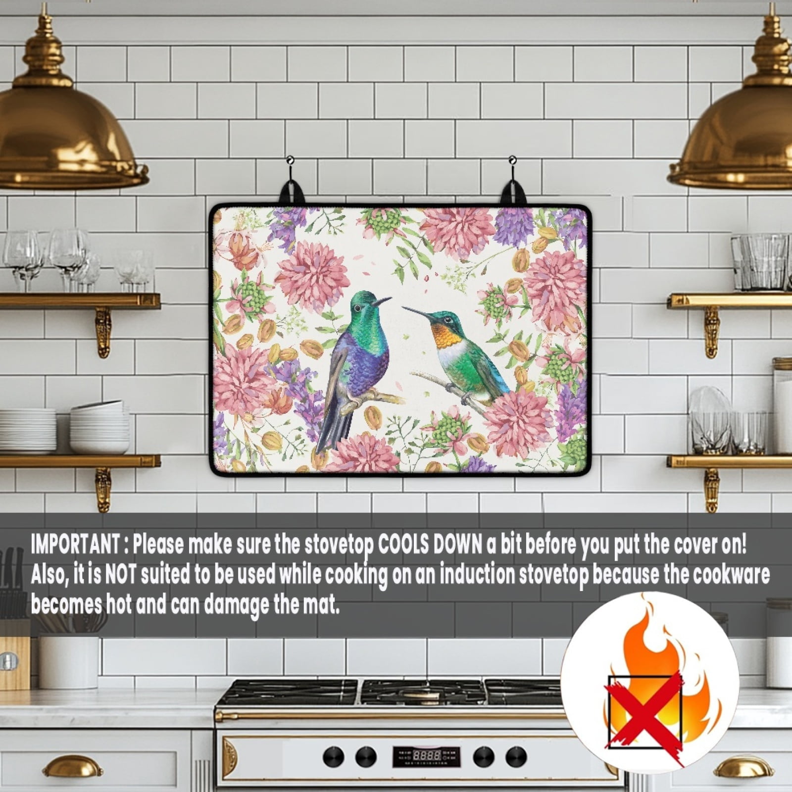 ZIATUBLE Electric Stove Top Cover Flat Top Stove Cover Mat Multipurpose Induction Cooktop Protector Cover for Glass Ceramic Stove Top, 29 x 21 Inch, Hummingbird Flower