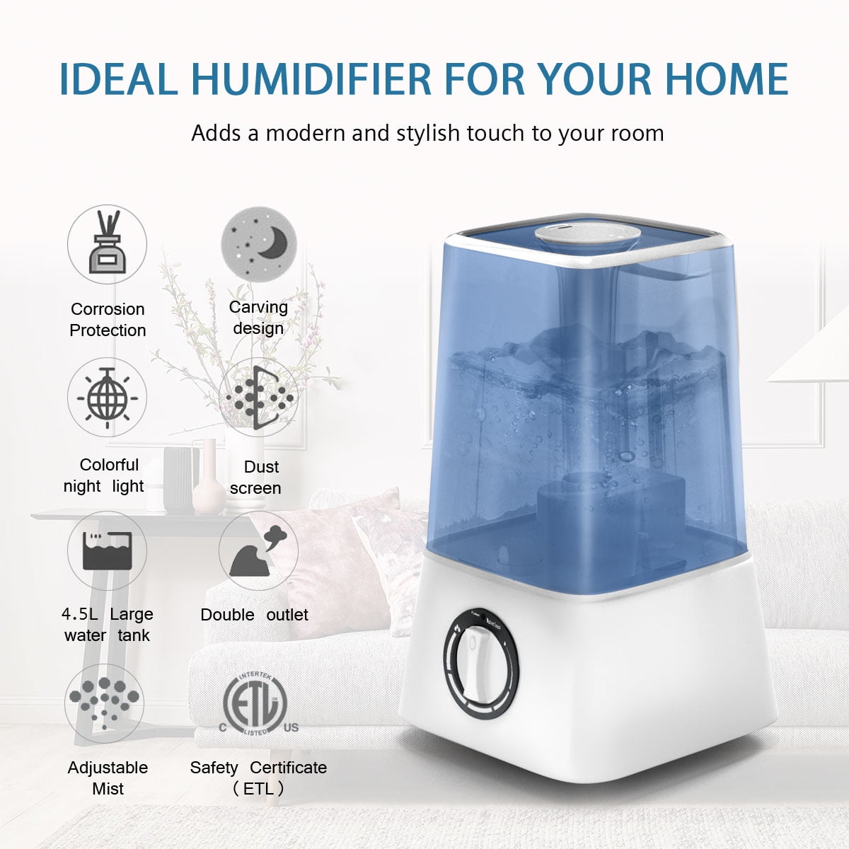 Cool Mist Humidifier 4.5L For Bedroom Baby Nursery & Large Room Home Office,Auto Shut Off,whisper Quiet Operation, LED Night Light,Adjustable 360°Rotation Nozzle, Easy Fullfill and Clean For All Night