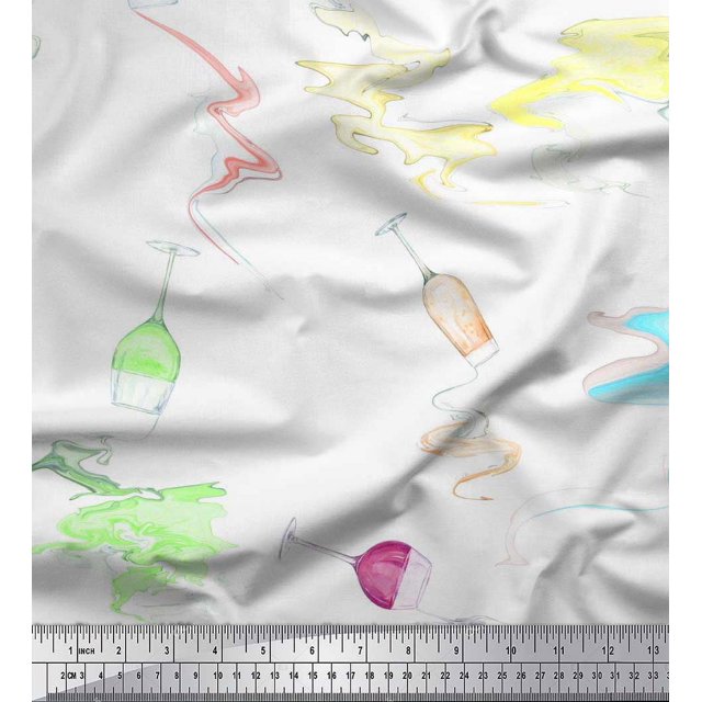 Soimoi polyester Crepe Fabric Brush Stroke & Wine Glass Bar Decor Fabric Printed Yard 52 Inch Wide