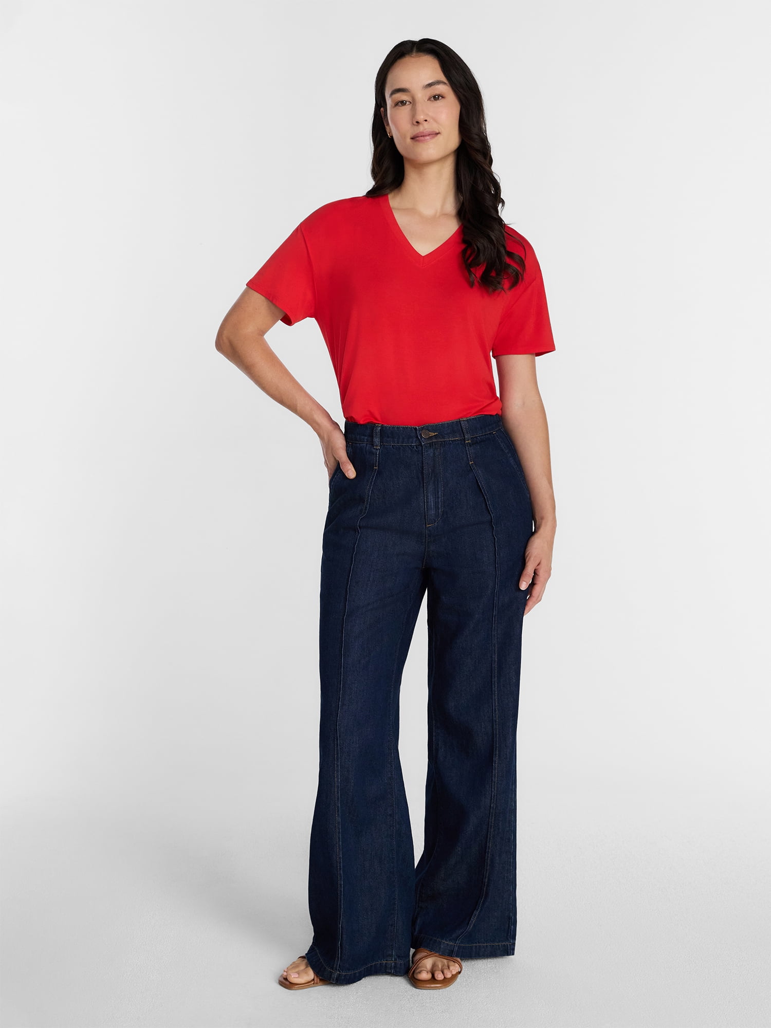 Time and Tru Women's High Rise Drapey Pleated Wide Leg Jeans, 30" Inseam, Sizes XS-XXXL