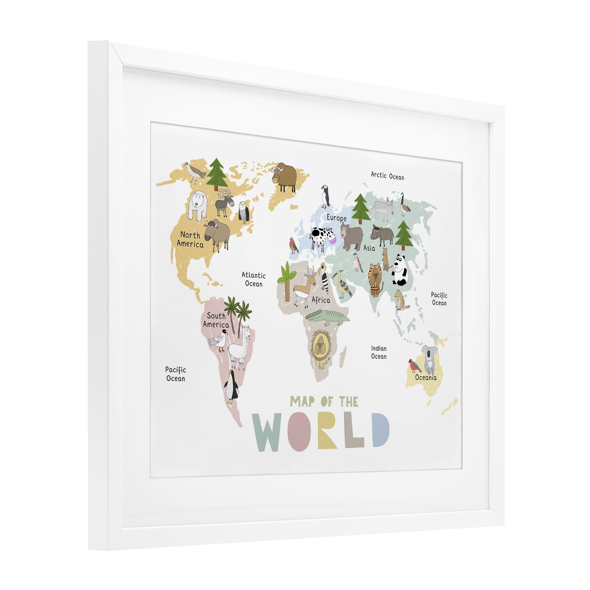 Map Of World Pastel Animals White Framed Print Under Glass, design by Carla Daly