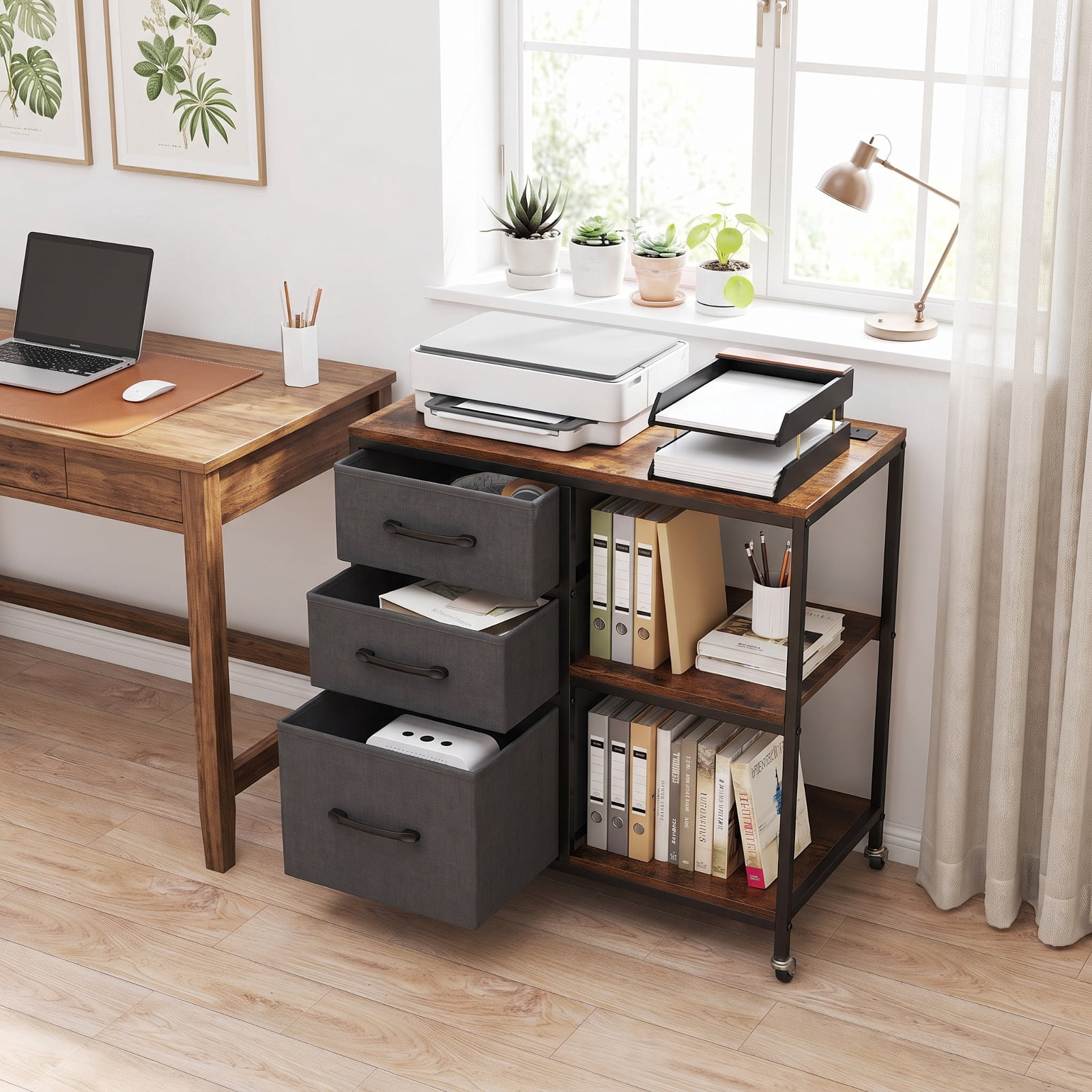 Furnibear 3 Drawer Mobile File Cabinet with Charging Station Rolling Printer Stand with Open Storage Shelves for Home Office Filing Document, Brown
