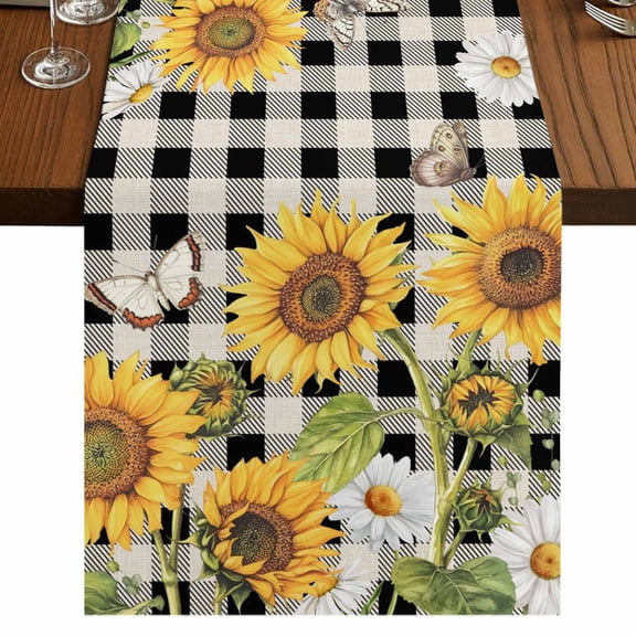 Table Runners 90 Inches Long Dress Scarves, Sunflowers Farmhouse Coffee/Dining/Kitchen Table Runner for Living Room, Yellow Flowers Butterfly Farmhouse Black Plaid 13x90 Inch