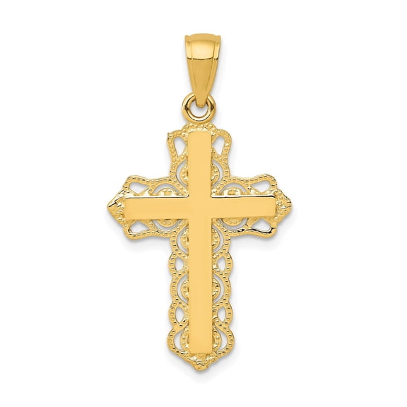 14k Yellow Gold Cross Pendant Charm, Christian Filigree Beaded Edge