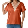 thumbnail image 2 of Blusa de manga corta con cuello en V y ribete de encaje para mujer: diseño femenino, tejido ligero, primavera/verano, tallas S-XXL, estilo versátil, 2 of 8