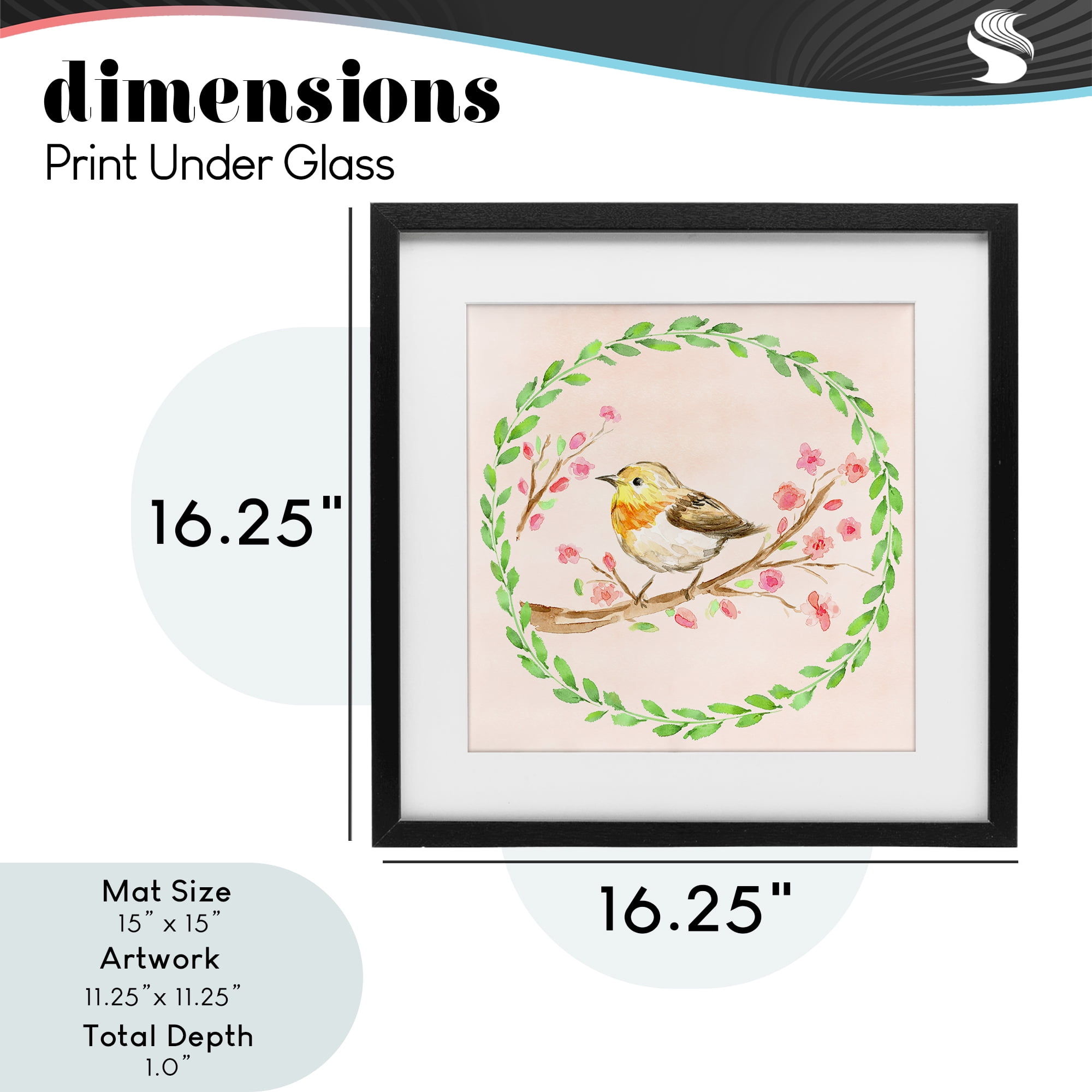 Spring Wreaths Bird Black Framed Print Under Glass, design by Elena Fay