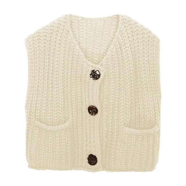 Women's Sleeveless Knit Cardigan Vest Solid Color Short Length Front Button Pocket Style