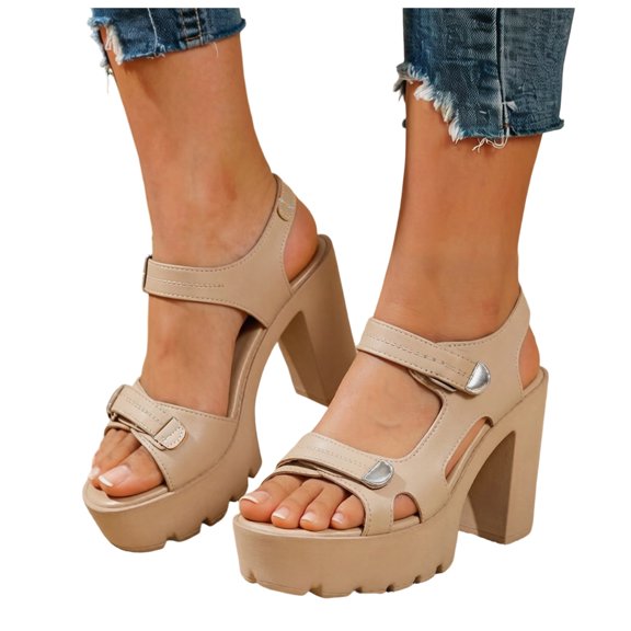 Rokment Womens Chunky Block High Heels Dressy Sandals 2026 Ladies Fashion Casual Leather Ankle Strap Platform Extra Heeled Summer Dress Shoes Comfortable Beige Size 6.5