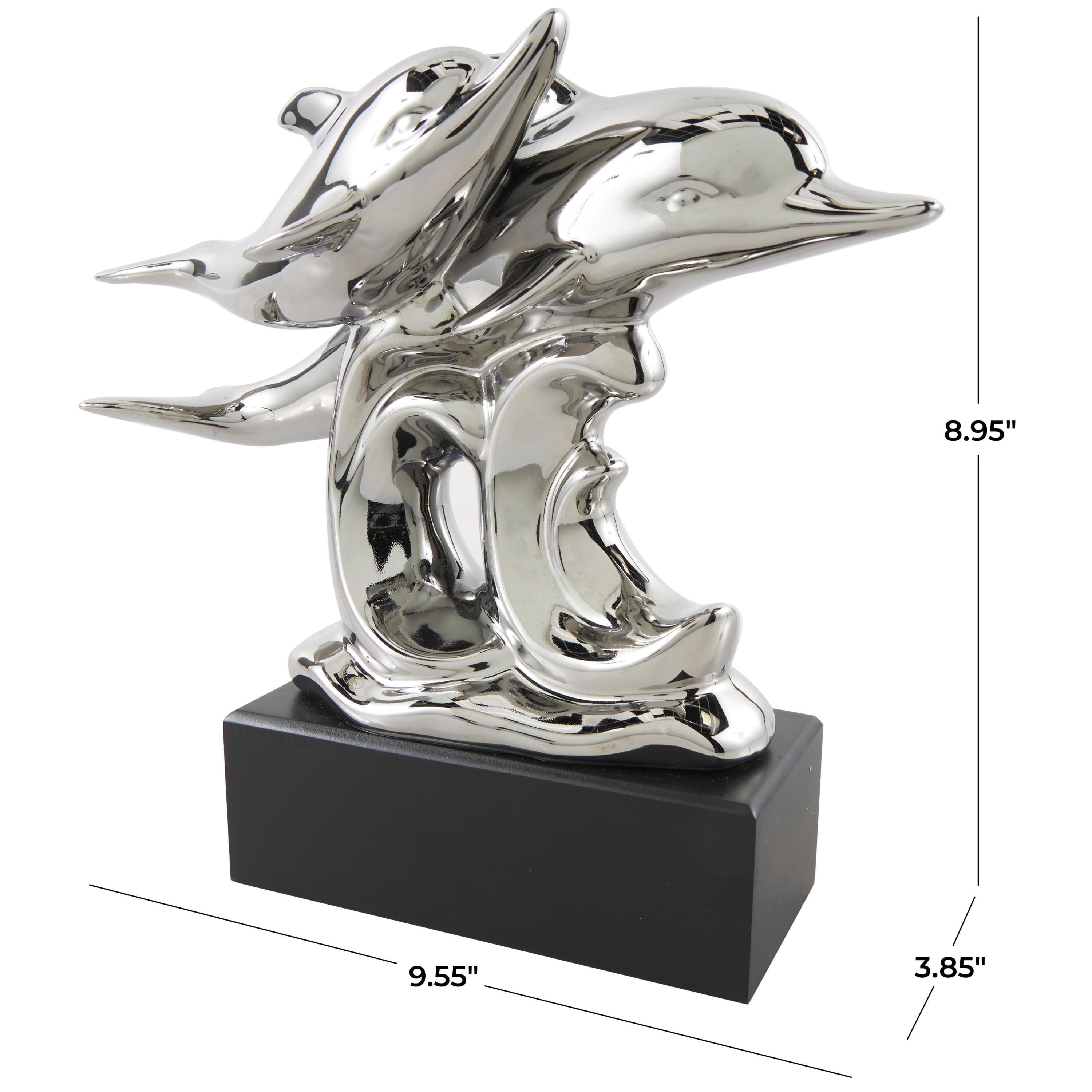 10" x 9" Silver Ceramic Dolphin Sculpture with Black Block Base, by DecMode