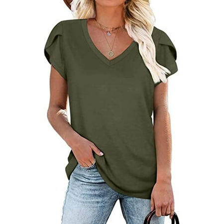 

Summer Women V Neck Tshirt Tops Trendy Solid Casual Slim Fit Tunic Tees Lady Short Sleeve Comfy Workout Blouses