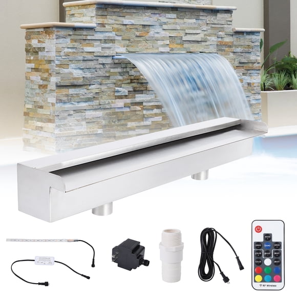 304 Stainless Steel Waterfall Fountain with LED – 45cm Rectangular Water Feature Spillway for Garden Pond, Outdoor Pool, or Patio – Decorative Cascade Blade, Easy Installation