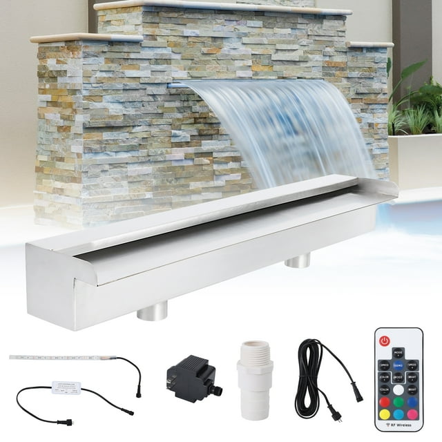 304 Stainless Steel Waterfall Fountain with LED – 45cm Rectangular Water Feature Spillway for Garden Pond, Outdoor Pool, or Patio – Decorative Cascade Blade, Easy Installation
