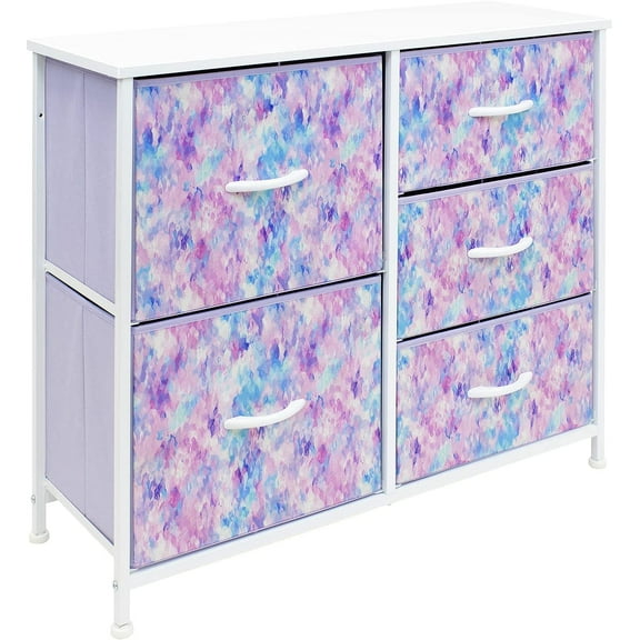Sorbus Dresser with 5 Drawers - Furniture Storage Chest for Kid’s, Teens, Bedroom, Nursery, Playroom, Clothes, Toys - Steel Frame, Wood Top, Tie-dye Fabric Bins (Blue/Pink/Purple)