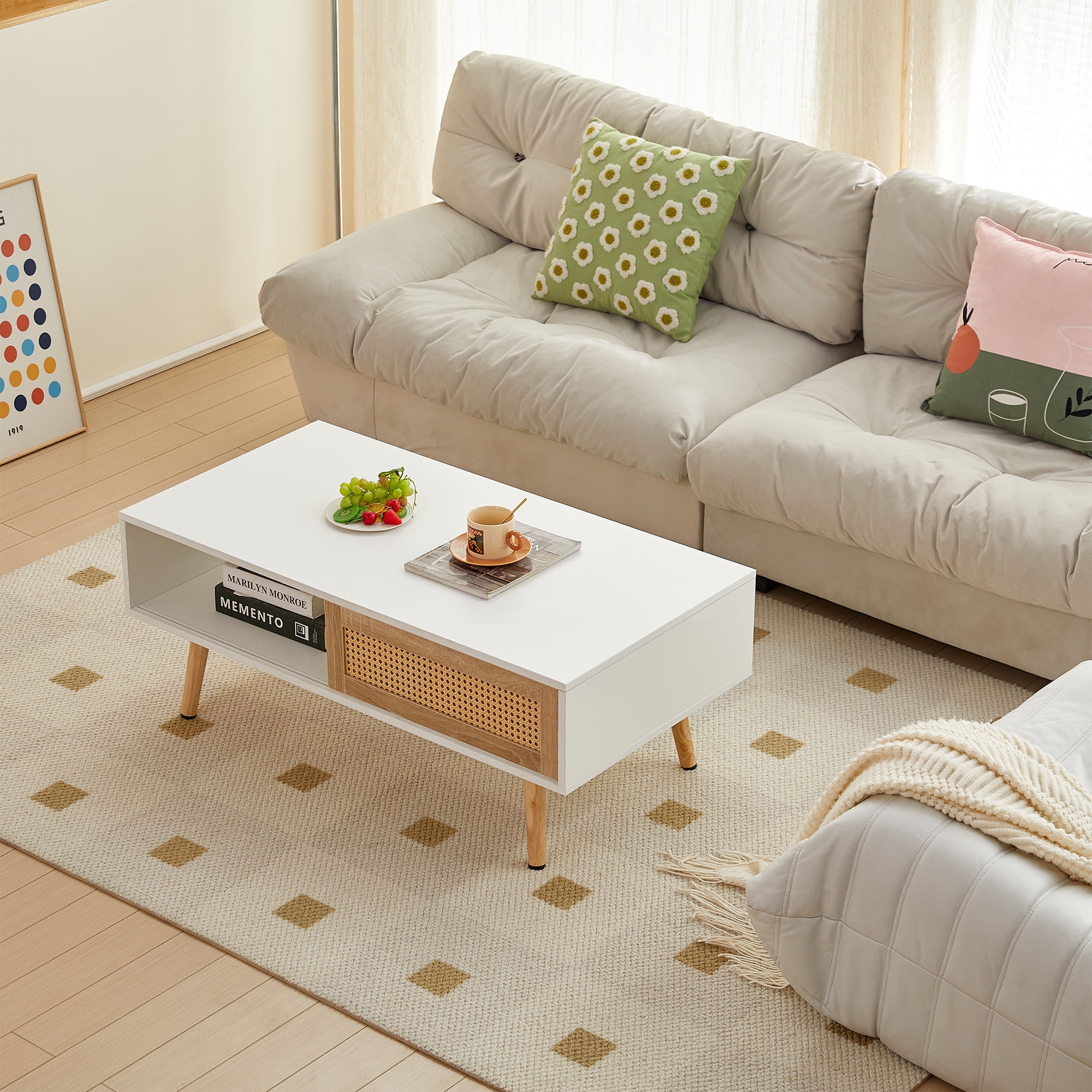 Mitinya Storage Rectangle Solid Wood MDF Coffee Table with Sliding Storage Door, White