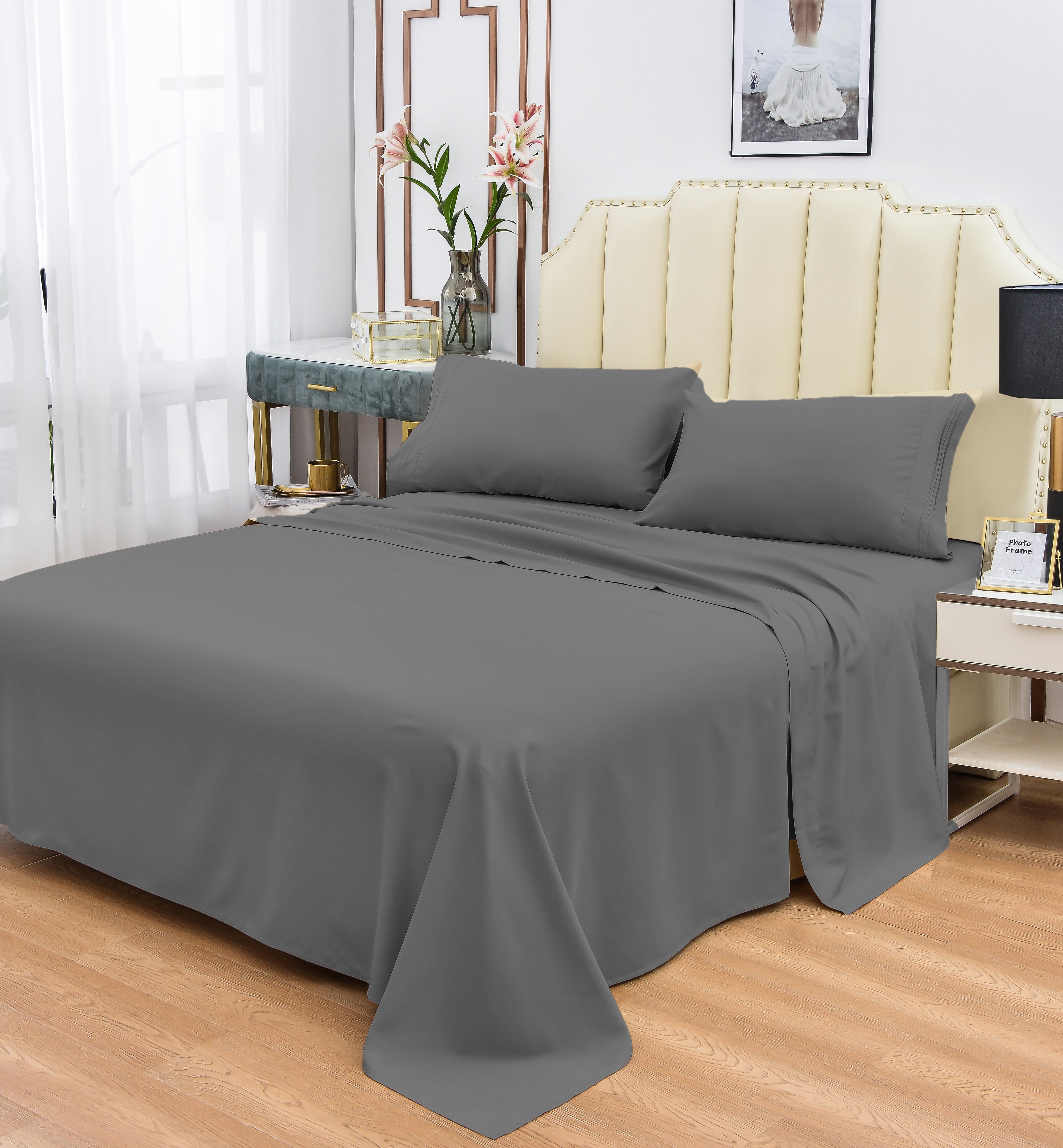 Okao Wholesale Rayon Made from Bamboo Sheet Set - Wrinkle Free -Softer than Cotton- Deep Pockets - 4 Piece - 1 Fitted Sheet, 1 Flat, 2 Pillowcases Full, Gray picture picture