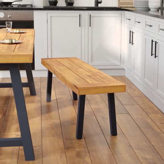 Emma   Oliver Rustic Natural Acacia Wood Bench with Seating for Two, Flared Wooden Legs and Slatted Surface for Indoor and Outdoor Use