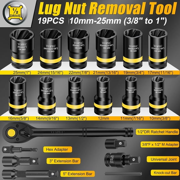 1/2" Drive Lug Nut Removal Tool, 19-Piece 10-25mm, Impact Lug Nut Extractor Socket Set with Ratchet Handle, Wheel Lock Removal Kit for Damaged, Rounded, Stripped Car Bolt Nuts