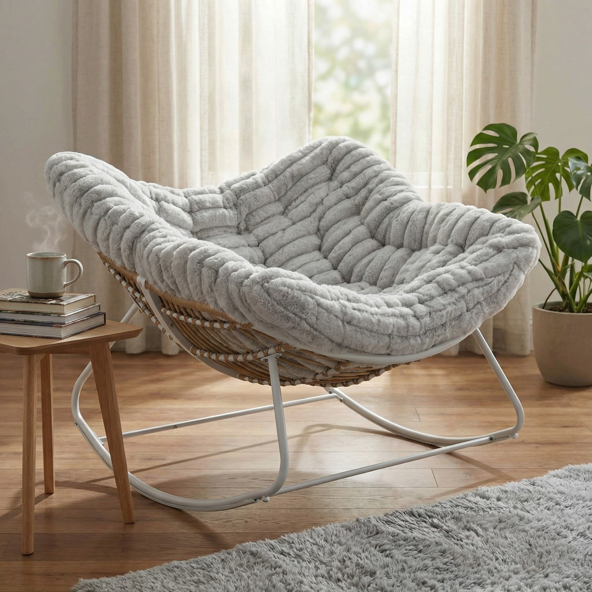 Papasan Rocking Chair Oversized, Rattan Outdoor Rocker with Deep Seat Thick Cushion, Patio Rocking Chair for Porch Bedroom Garden, Light Gray & White