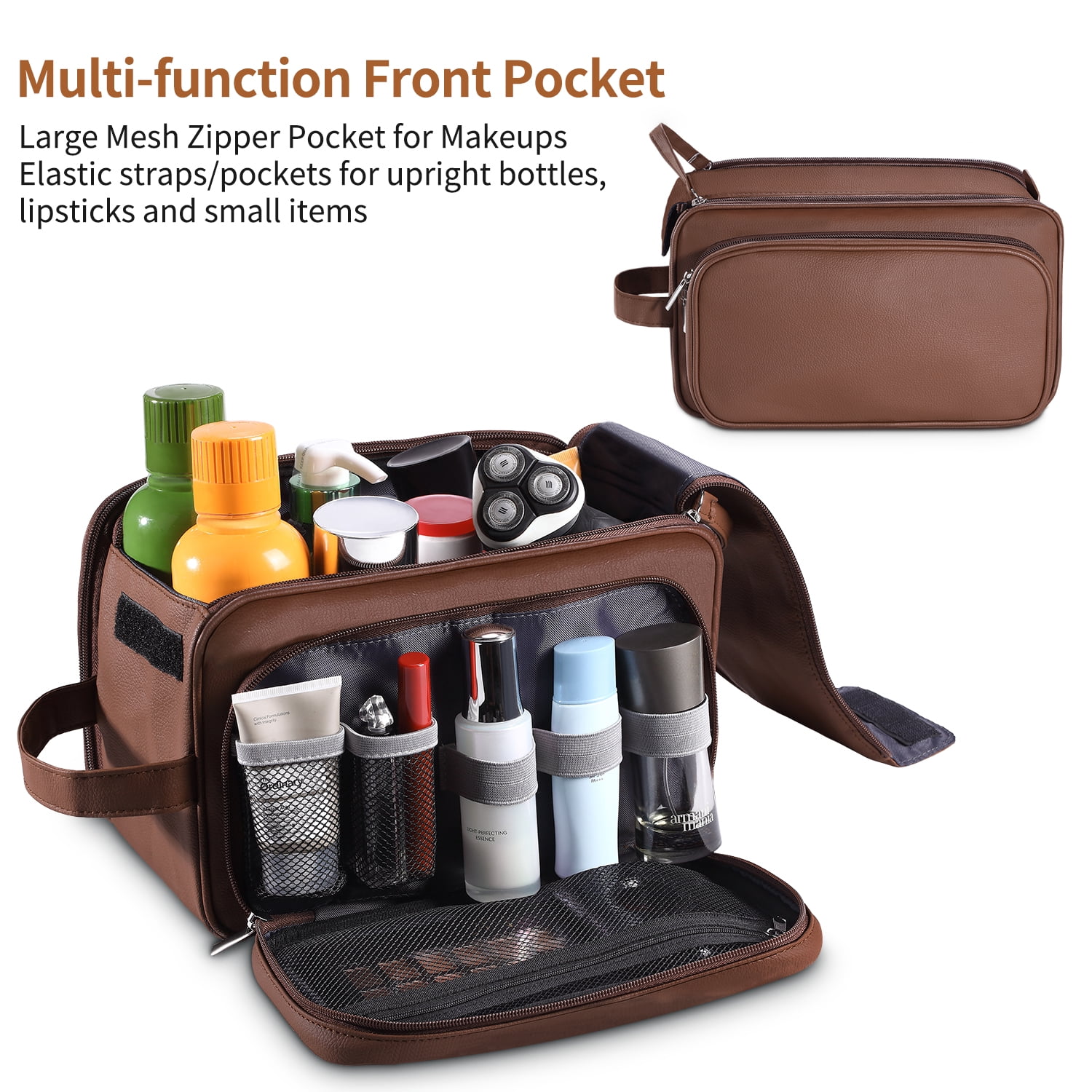 Large Capacity Toiletry Bag for Men, Leather Hanging Toiletry Organizer Cosmetics Makeup Bag, Brown