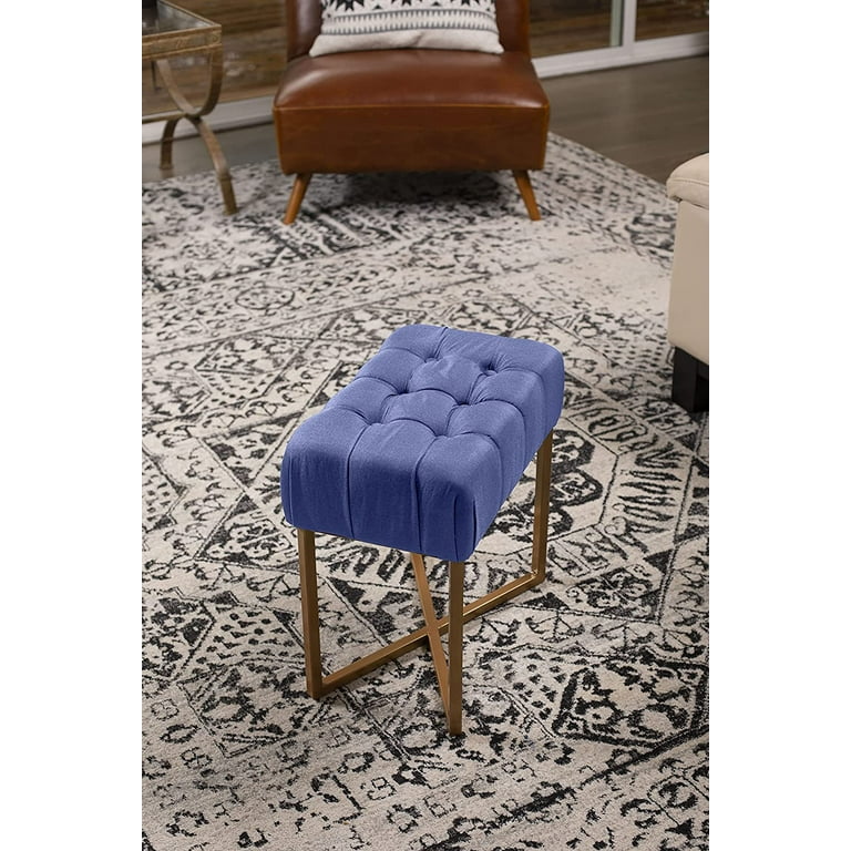 BirdRock Home Rectangular Tufted Blue Foot Stool Ottoman with Pale Gold Legs