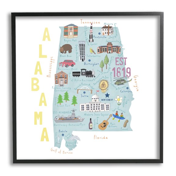 Stupell Industries Alabama Landmark Map USA Travel & Places Painting Black Framed Art Print Wall Art