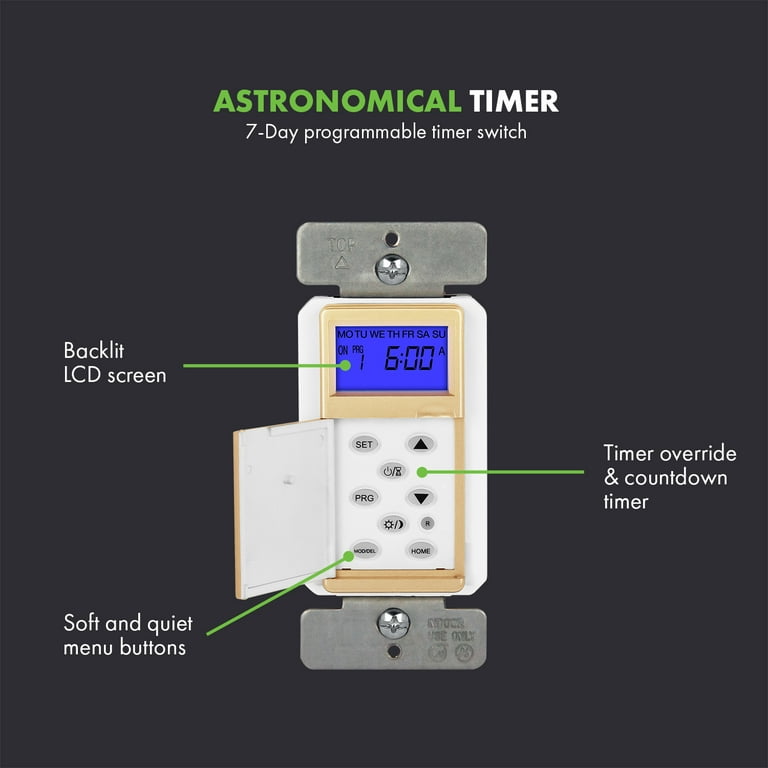 TOPGREENER Digital Astronomic Timer Switch, 7-Day Programmable Sunrise  Sunset, Single Pole or 3-Way, Neutral Wire Required, 120VAC, UL Listed,  TGT01-H-GD, Gold