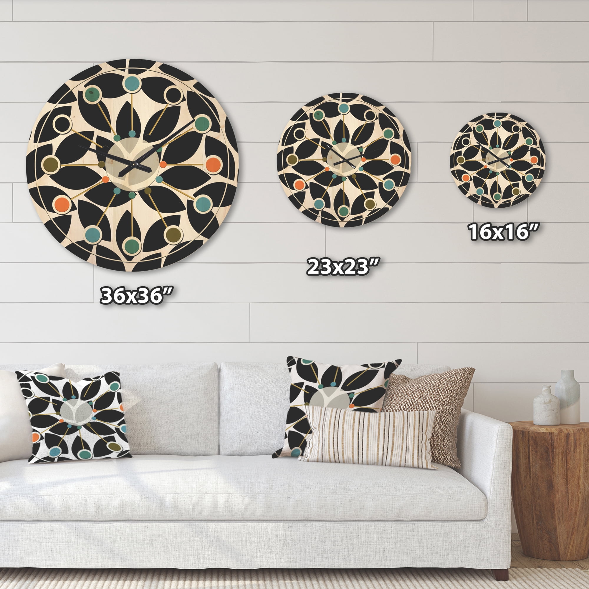 Designart 'Black and White Geometric Pattern XII' Mid-Century Modern Wood Wall Clock