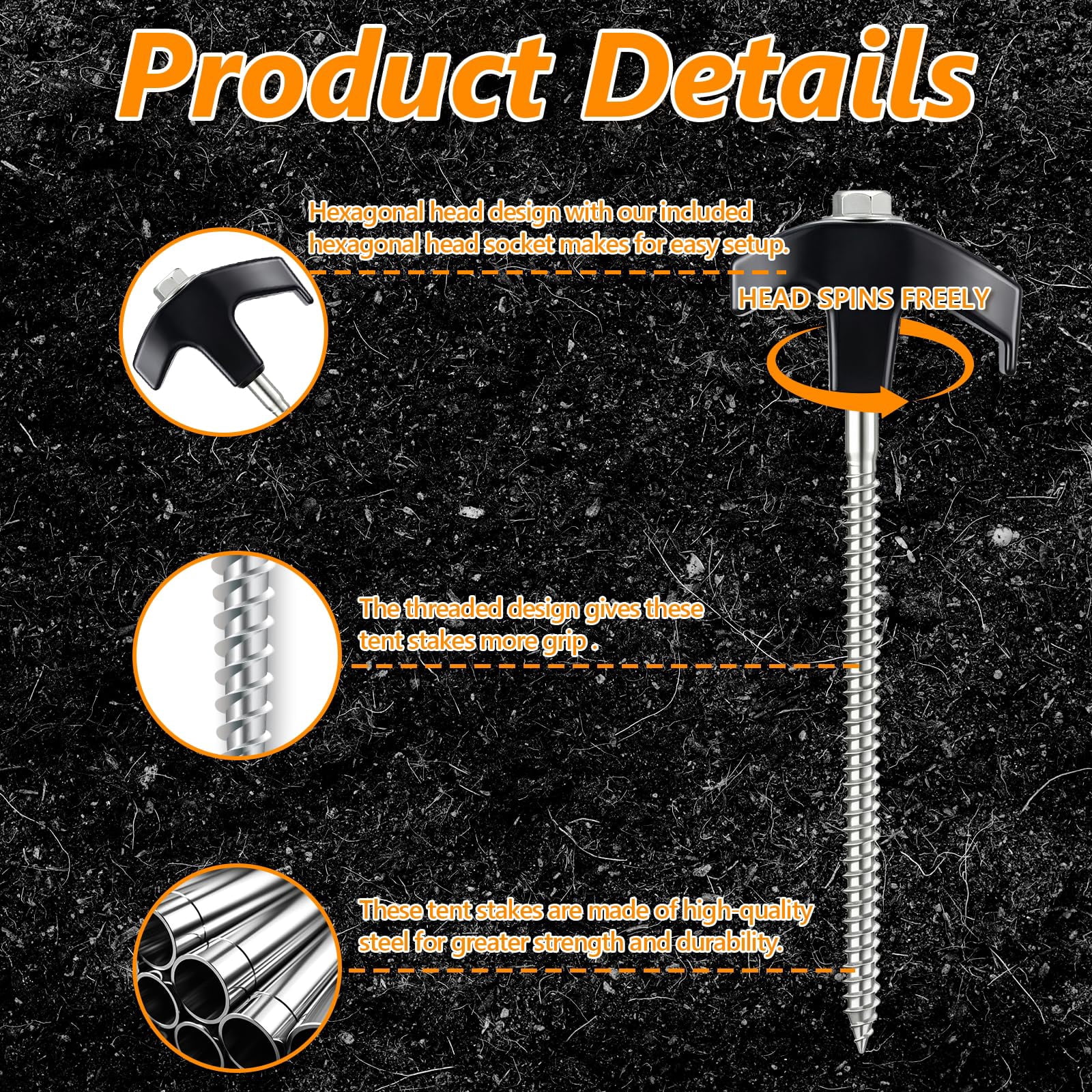 8" Screw In Tent Stakes Heavy Duty  Ground Anchors Metal Threaded Spikes Camping Pegs For Canopies & Gardening Inflatable Decor (20 Black)