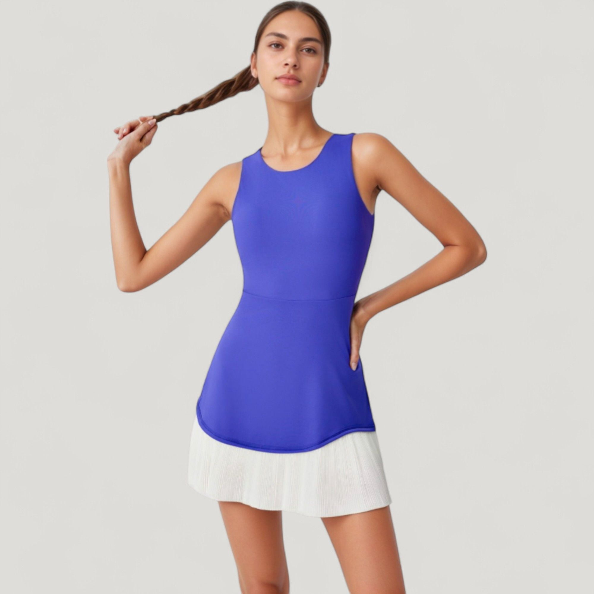 Women's Sleeveless Tennis Dress with Scoop Neck Fitted Bodice and Contrast Pleated Hem - Large, Purple